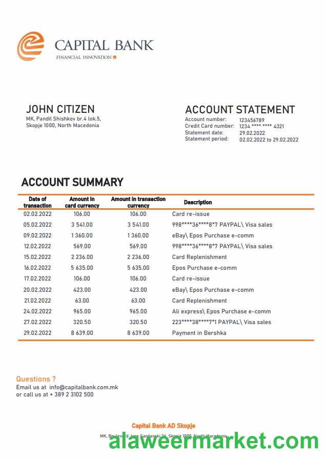 North Macedonia Capital Bank statement